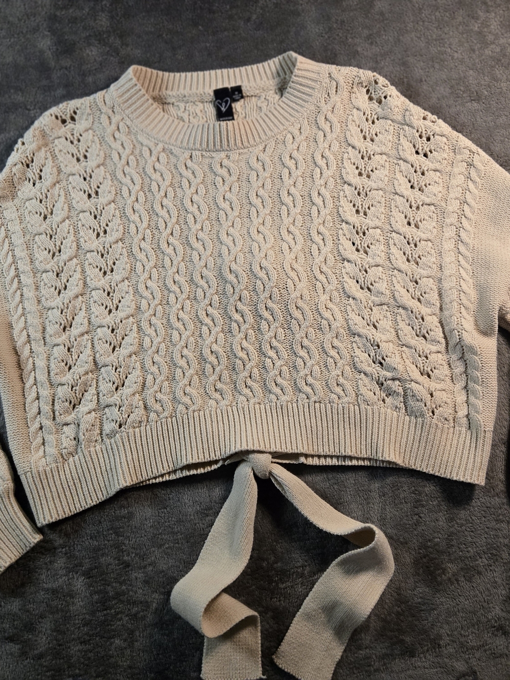 Windsor Cream/Tan Cable-Knit Cropped Crew Sweater with Front Tie